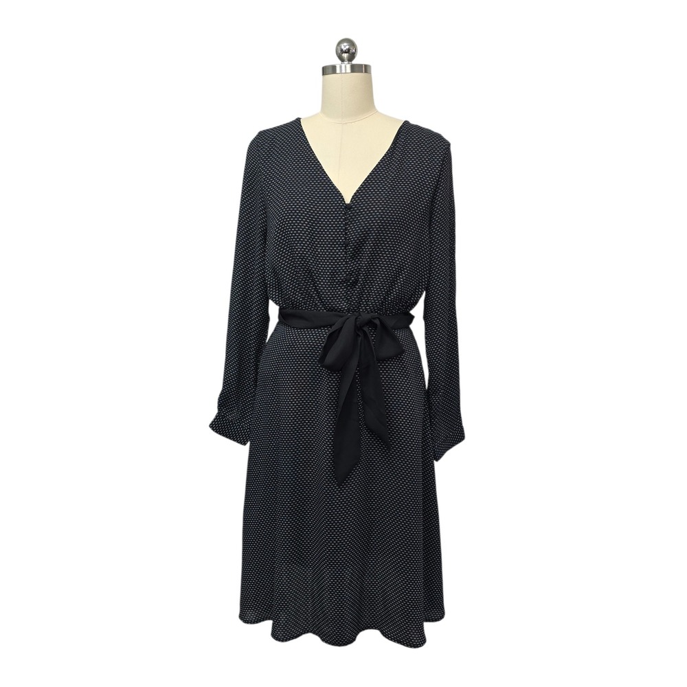 Axara Paris‎ Black White Polka Dot Midi Dress Tie Waist Long Sleeve V Neck
